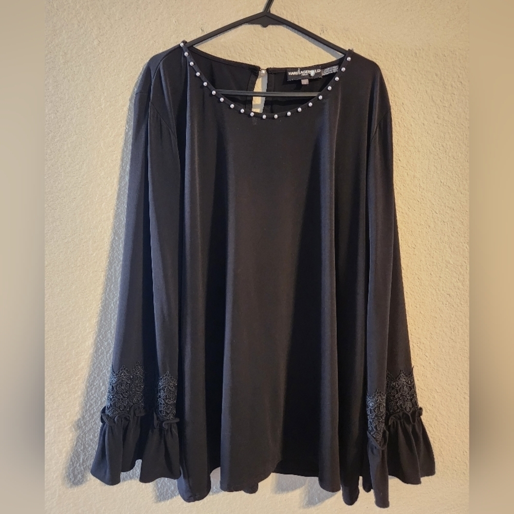 Karl Lagerfeld Black Crepe Blouse with pearl neckline lace detail sleeves large